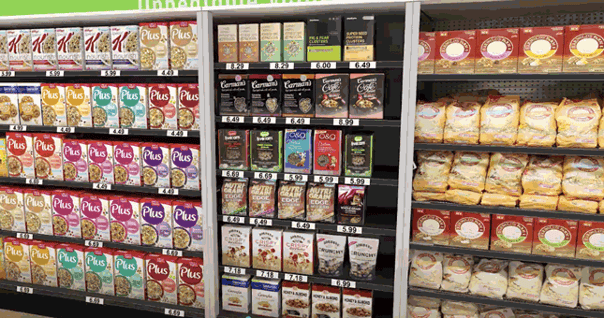 A range of cereal brands sitting on supermarket shelves. 