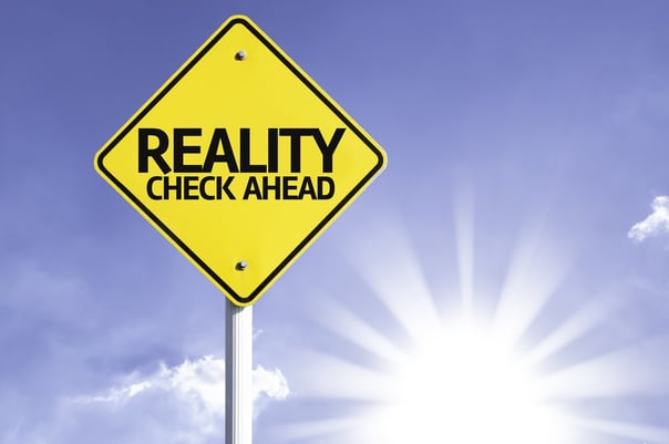 A yellow sign warns of a “reality check ahead” in front of a sunny background.